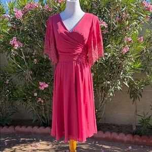 JJ's House Womens Berry Pink Lace Bell Sleeve V-Neck A-Line Cocktail Dress